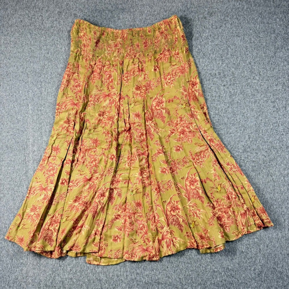 April Cornell Women Green Pink Floral Bird Smocked Waist Rayon Midi Skirt Size M